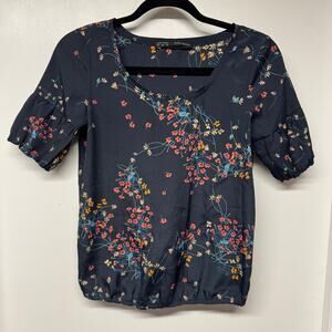 Zara Basic Womens Navy Blue Floral Puff Sleeve Crew Neck Blouse Size XS